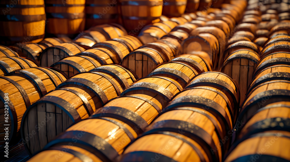 a close up of many wooden barrels of wine or bear