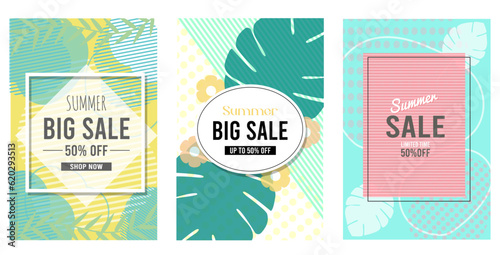 Summer sale set banners. Collection of cool bright banner. Abstract organic colorful shapes illustration.
