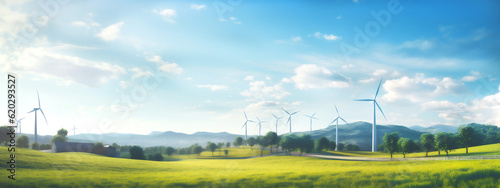 Wind turbines gently spinning in the background of tranquil countryside scene. Renewable energy sources integrated into daily life. Generative Ai content.