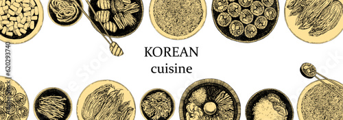 Korean Restaurant Menu. Hand-drawn illustration of dishes and products. Ink. Vector