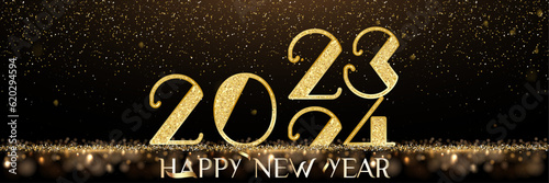 card or banner to wish a Happy New Year 2024 in gold on a black and brown gradient background with glitter