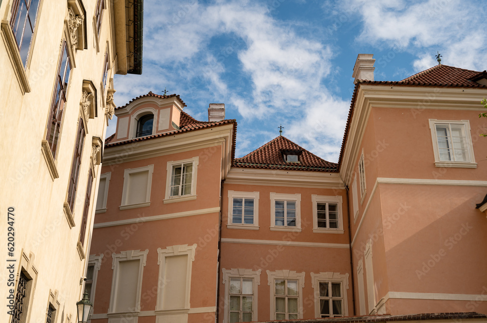 Detail of facades of houses near old town square, old town, unesco world heritage site, prague, bohemia, czech republic (czechia), europe
