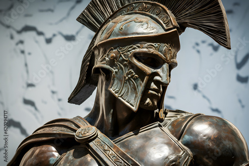 Close-up of bronze Spartan helmet sculpture with detailed etching
