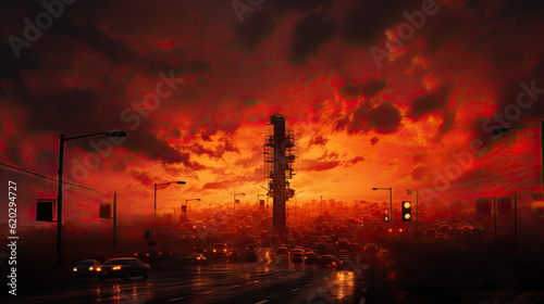 creative illustration of an apocalypse with a red sky and cars on the road trying to save themselves. Generative AI