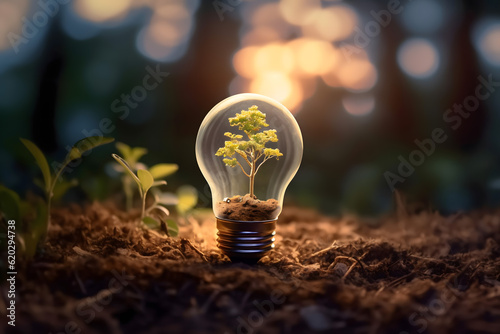 lightbulb or renewable energy light bulb with green energy, Earth Day or environment protection Hands protect forests that grow on the ground and help save the world, solar panels 