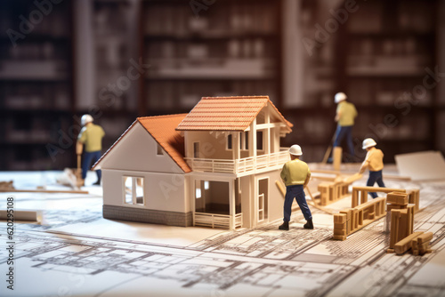 Miniature construction workers and building architectural model with plans and blueprint documents