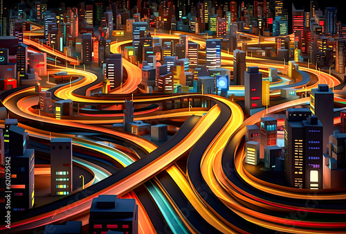 a road leading to a city with traffic lights, convoluted and intricate