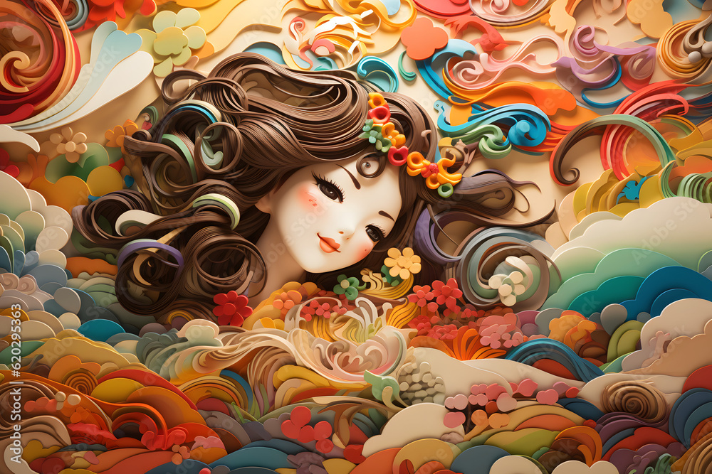 Woman with floral crown amidst vibrant swirling clouds and patterns