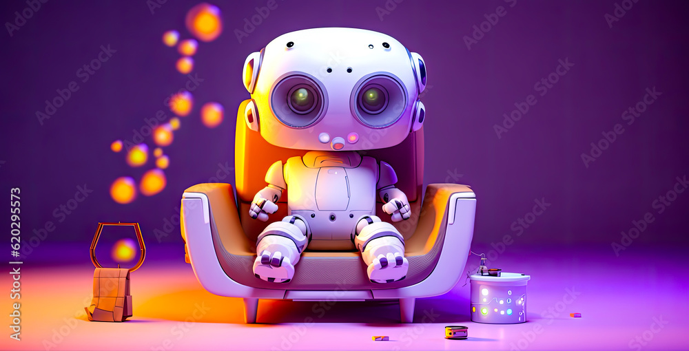 computer robot sitting on a chair, cute, isolated background