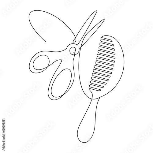 Set of scissors and comb one line continuous drawing vector illustration. Hand drawn linear silhouette icon. Graphic design, print, banner, card, poster, brochure, hairdresser, beauty, salon, logo.