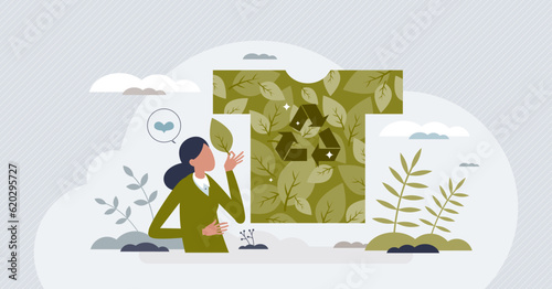 Sustainable fashion with recyclable and organic fabric materials usage tiny person concept. Save planet with environmental brand style to avoid fast fashion retail manufacturing vector illustration.