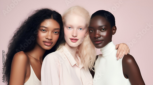 beauty diversity, 3 models with different skin colors, albino girl, white and asian posing in studio. Concept about body positivity, diversity, and fashion, ai generative photo