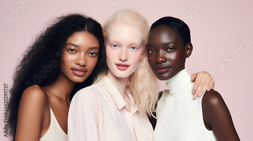 beauty diversity, 3 models with different skin colors, albino girl, white and asian posing in studio. Concept about body positivity, diversity, and fashion, ai generative