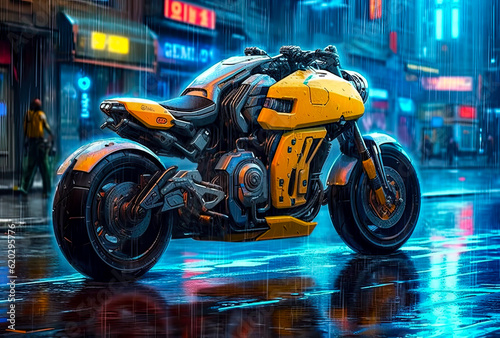 a yellow motorcycle on a rainy street, future concept