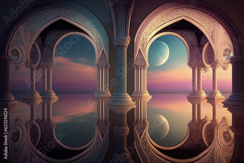 Mirrored Archway at Twilight Moon Reflections Sunset Architecture