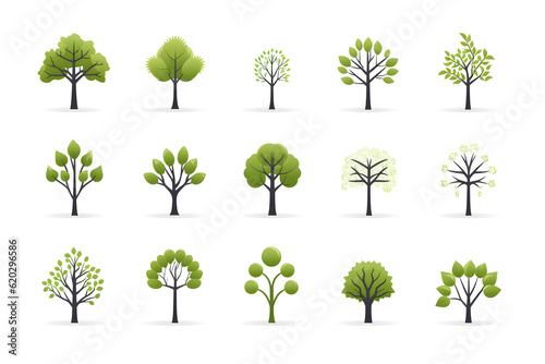 Collection of green tree icons and symbols on a white background