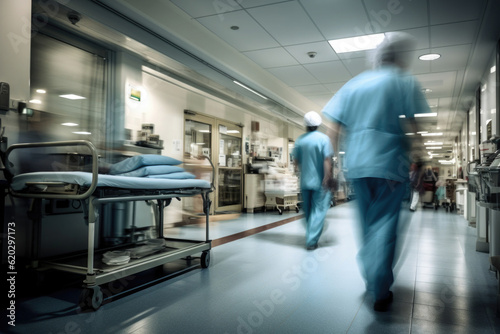 Hospital emergency team rush patient on gurney to the operating theater. Corridor in medical clinic with working doctors, motion blur effect. Created with Generative AI