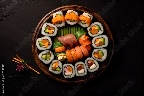Slate Tile with Maki Sushi, Nigiri Sushi, Chopsticks and further Decorations, Soy Sauce, Wasabi, Japanese Gourmet Sushi