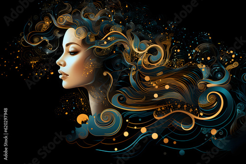 Woman with swirling hair in fantastical art style