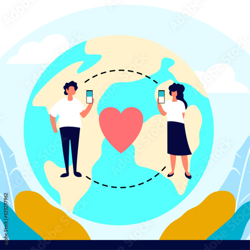 long distance relationship concept flat style vector illustration, Long distance couple communicating through mobile device , globe in the background flat style stock vector image 