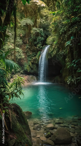 Tropical Paradise with Waterfall and Exotic Flora