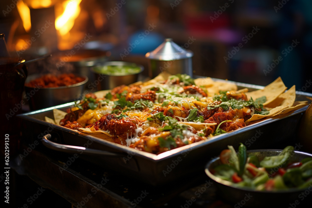 A vibrant street food stall with sizzling dishes and colourful ingredients. Fried food with sticks, Thai traditional street food. aromatic curries, chicken and stir fried noodles. generative AI