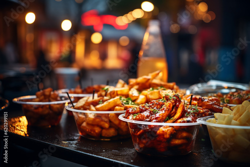 A vibrant street food stall with sizzling dishes and colourful ingredients. Fried food with sticks, Thai traditional street food. aromatic curries, chicken and stir fried noodles. generative AI