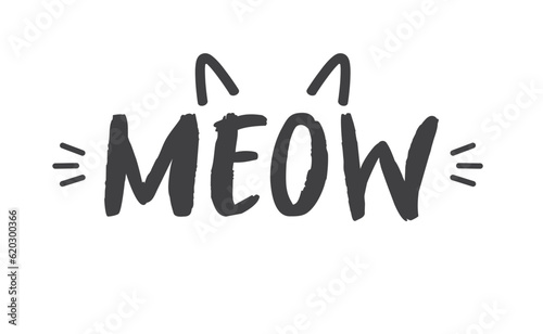 Meow lettering with cat ears and whiskers. Cute design for feline lovers and cat moms.
