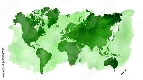 Green watercolor silhouette of World Map. Art painting. AI generated