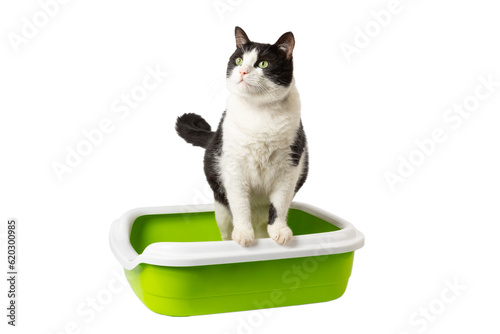 Cat litter box and black and white cat isolated on white background. Cute cat pooping and pissing in the toilet. Cat sitting in a toilet and looking sideways. The concept of pets. Design
