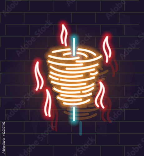 Neon spicy doner icon. Turkish street food. Isolated illustration on brick wall background.