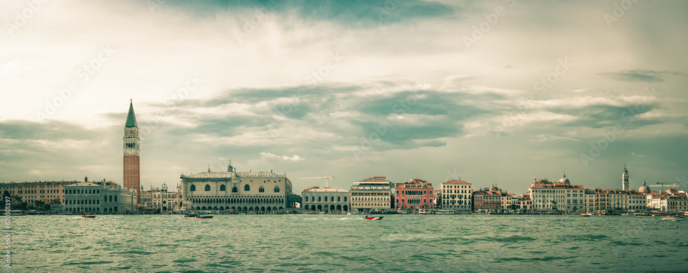 Panoramic view over the Grand Canal with Doge s Palace (Palazzo Ducale) and Colonna di San Marco in Venice, Italy.