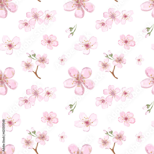 Seamless pattern of spring delicate cherry blossom branches. watercolor