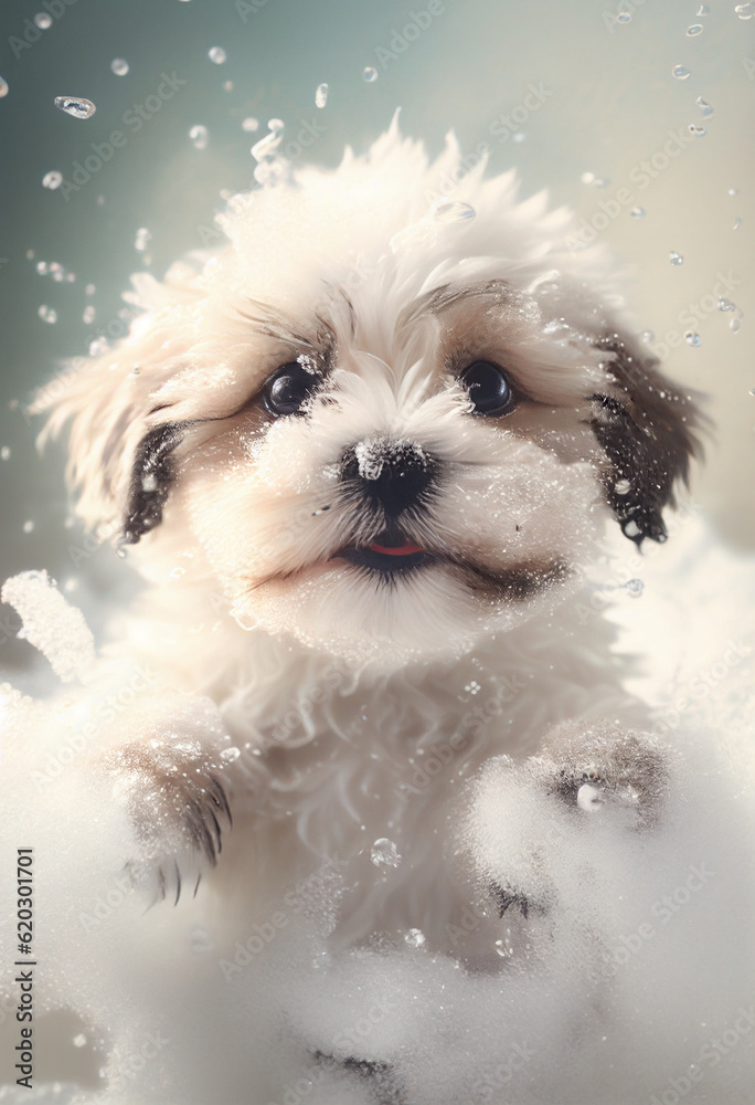 A small fluffy puppy bathes in a bath with foam and bubbles. AI generated