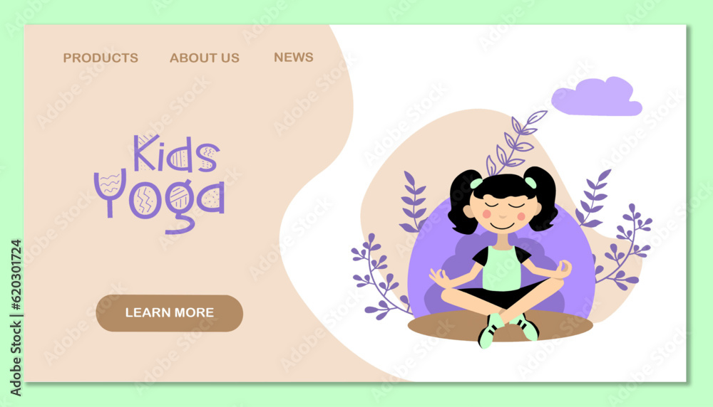 Kids sport and yoga training vector landing page template. Illustration of fitness kid yoga, meditation and balance in cartoon style. Vector illustration Kids sport and yoga training vector landing page template. Illustration of fitness kid yoga, meditation and balance in cartoon style. Vector illustration