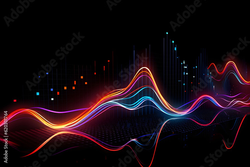Glowing neon waves flow with a dark background