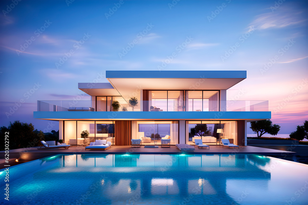 Fototapeta premium Exterior of modern villa with pool. AI Generative