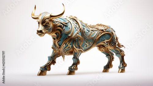 Bull with golden curved art nouveau pattern.  Made with Generative AI. © Paul