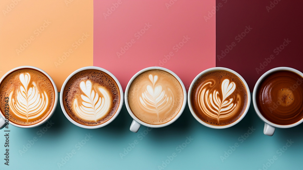 Top view of various types of specialty coffees with art design, and color background. Generative AI.