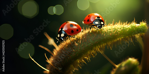  A ladybug sits on a leaf in the sun rays on it Dew-Covered Ladybug on a Blade of Grass Beautiful Ladybug in Morning Dew Ai Generative 