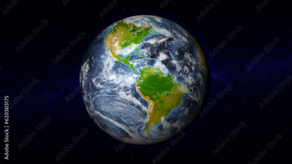 Realistic Earth globe focused on Americas. Day side of Earth illuminated by sunshine and stars of universe on background. Elements of this image furnished by NASA