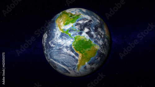 Fototapeta Naklejka Na Ścianę i Meble -  Realistic Earth globe focused on Americas. Day side of Earth illuminated by sunshine and stars of universe on background. Elements of this image furnished by NASA