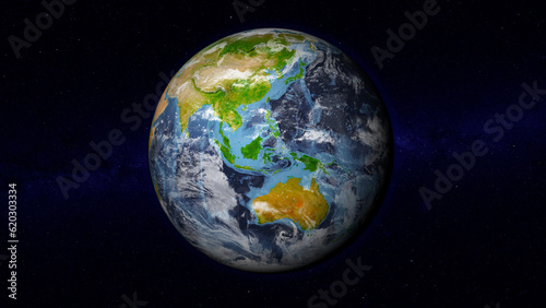 Realistic Earth globe focused on South-east Asia and Africa. Day side of Earth illuminated by sunshine and stars of universe on background. Elements of this image furnished by NASA