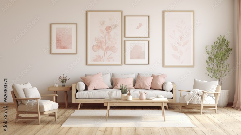 Fototapeta premium Minimalistic bohemian cosy interior design idea. Boho mock-up illustration. Generative AI.