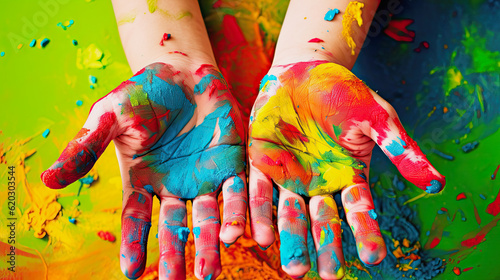 children hands fully painted with finger paint, midjourney generative ai illustration