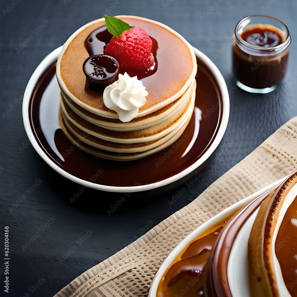 Pancake with cream and jam on a neutral background created and generated by AI Pancake with cream and jam on a neutral background created and generated by AI