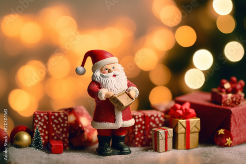 Toy figure of Santa Claus with gifts. Template for New Year's greeting card. Generative AI.