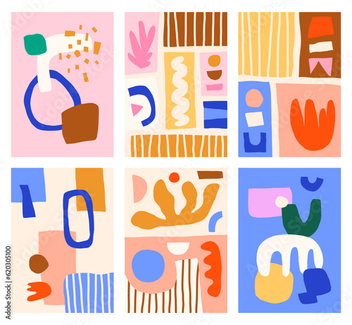 Cutout geometric shapes prints. Modern abstract vector posters. Paper cut style boho illustrations