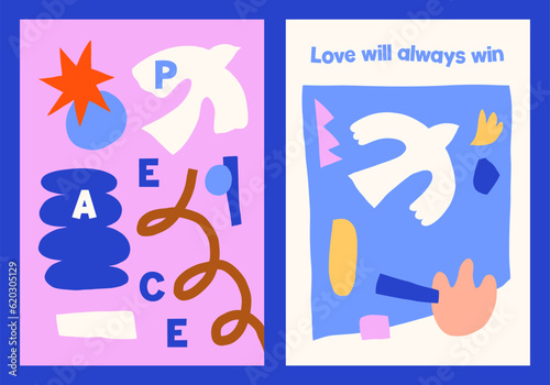 Cutout geometric shapes motivational prints. Modern abstract vector posters with doves. Paper cut style illustrations. Peace symbols