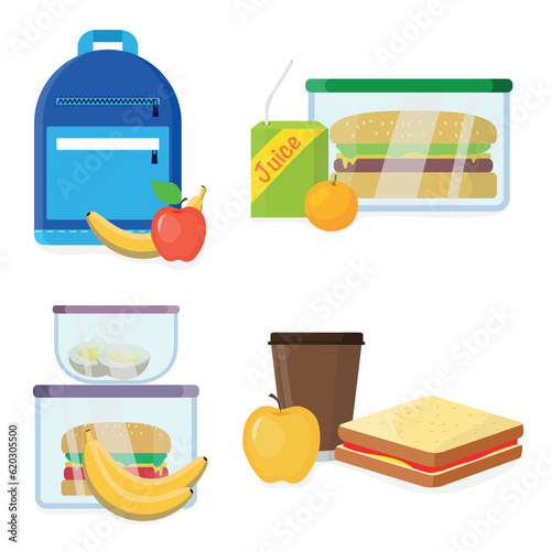 Set of delicious lunch boxes in cartoon style. Vector illustration of various briefcases, lunch boxes with burgers, juice, eggs, bananas and apples isolated on white background.